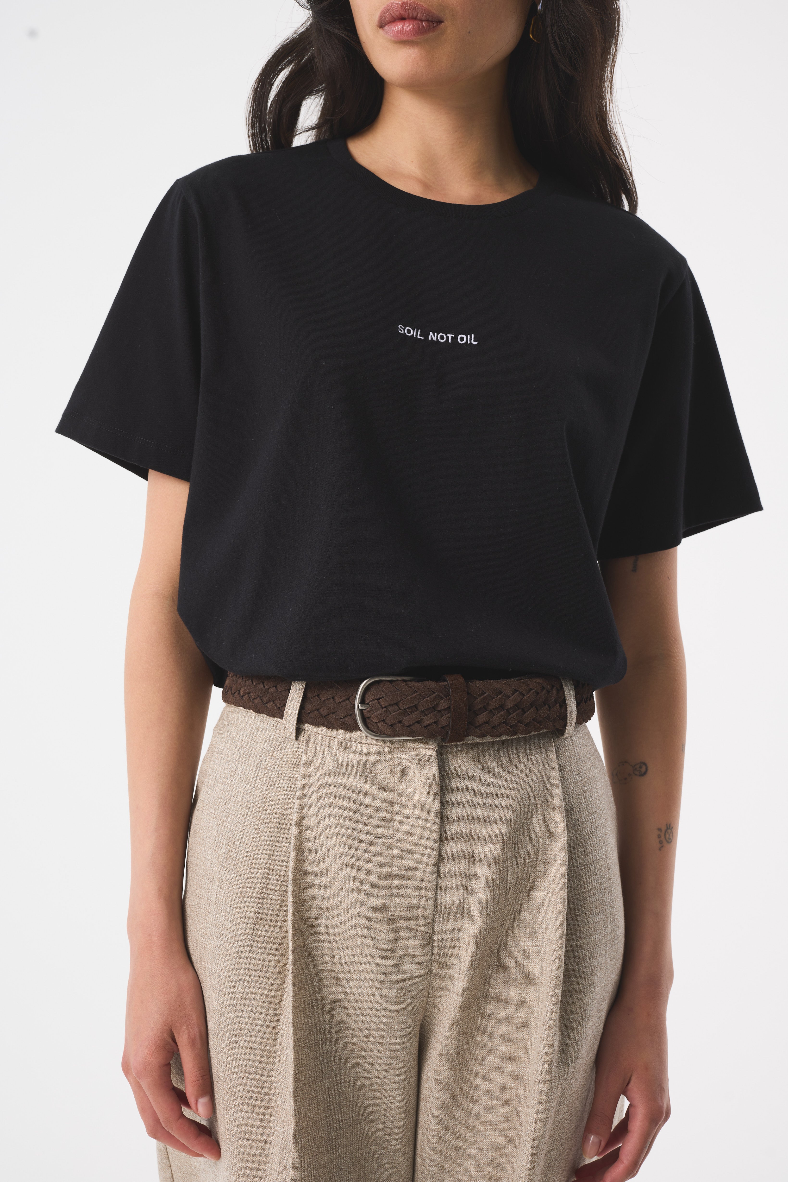 ADRIA 'SOIL NOT OIL' BLACK T-SHIRT