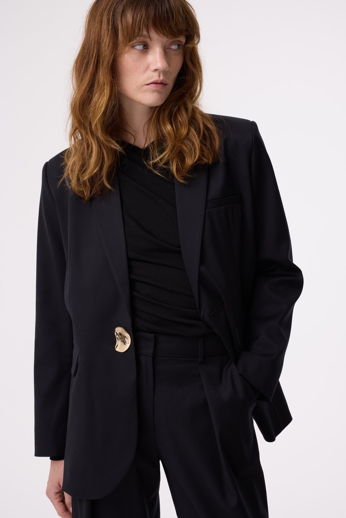 NOOR BLACK WOOL-TENCEL™ JACKET WITH GOLD BUTTON